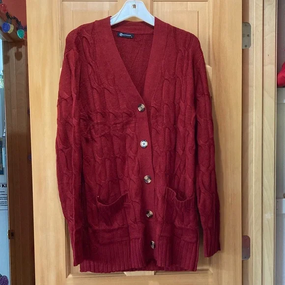 Women's Red Cable Knit Cardigan Sweater - Picture 1 of 7